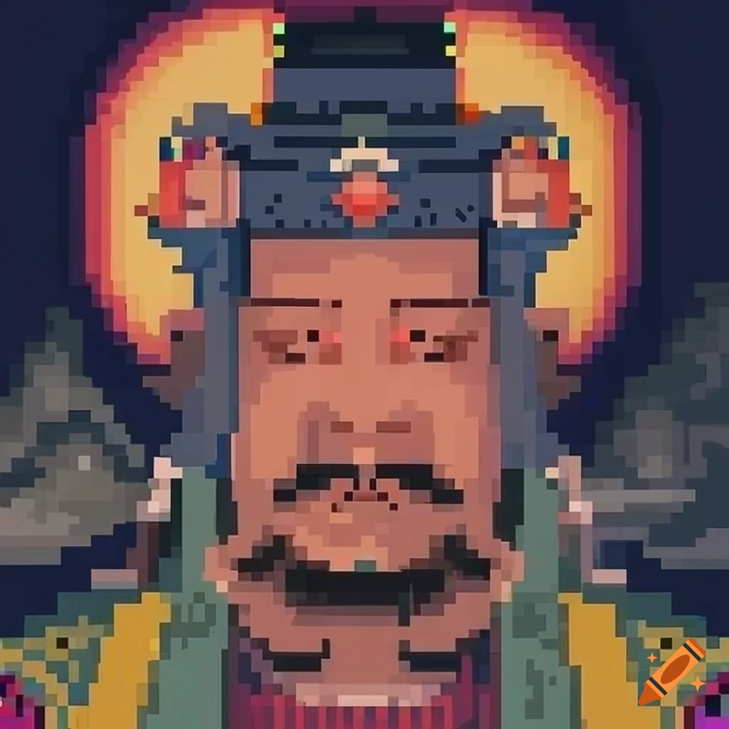 Pixel art of the Jade Emperor in traditional Chinese ink painting style