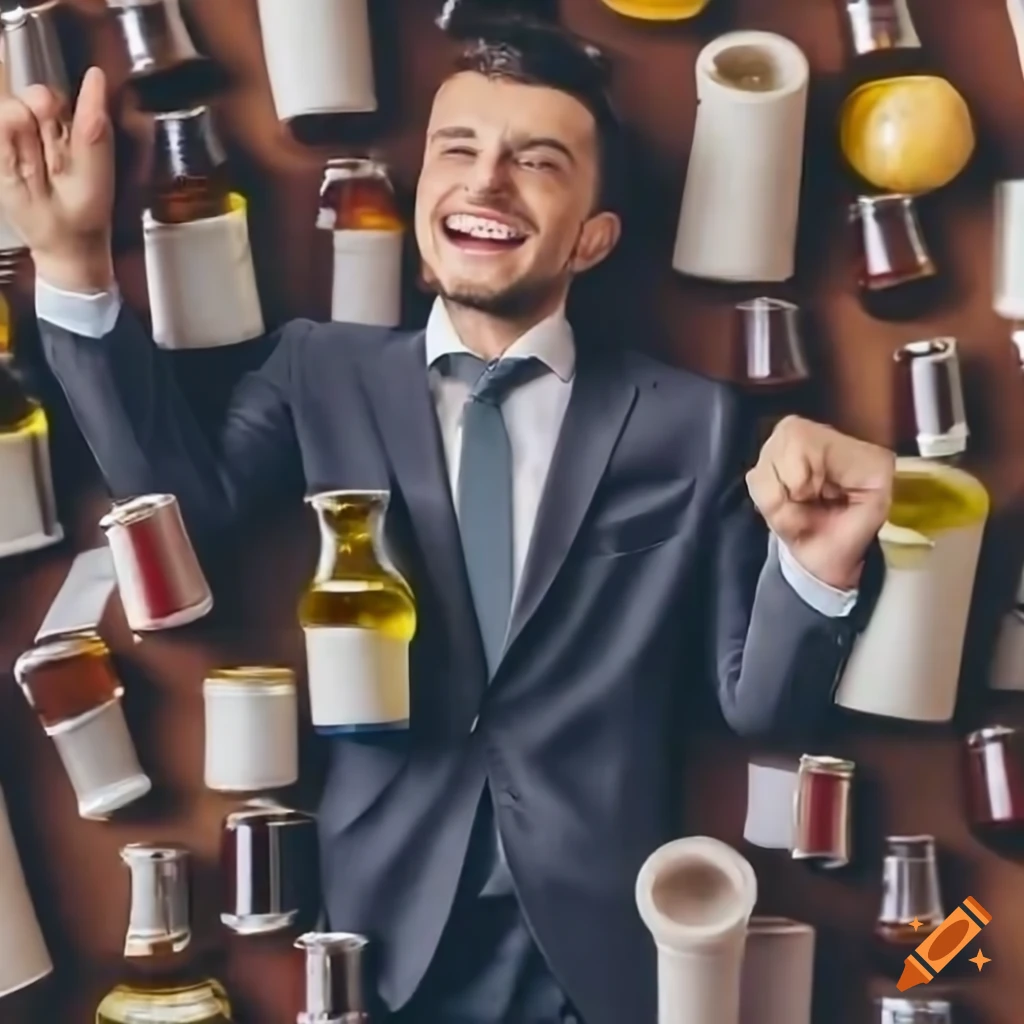 Successful man in business suit with various liquid vials and potions