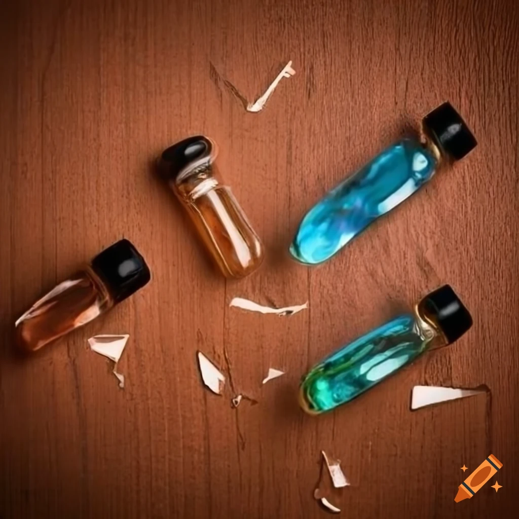 Colorful glass vials scattered on a wooden floor with a brown background