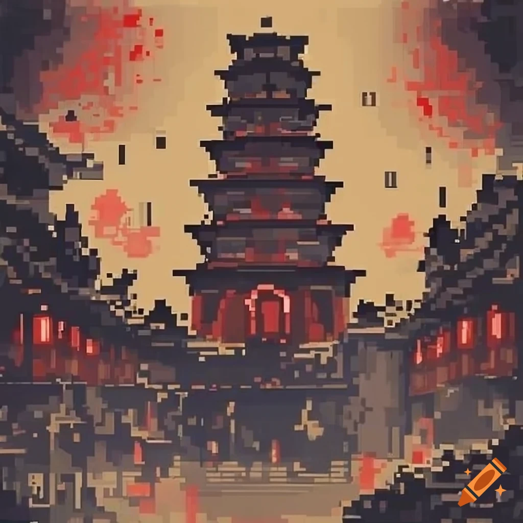 Pixel art with dithering in a style reminiscent of Traditional Chinese ink painting