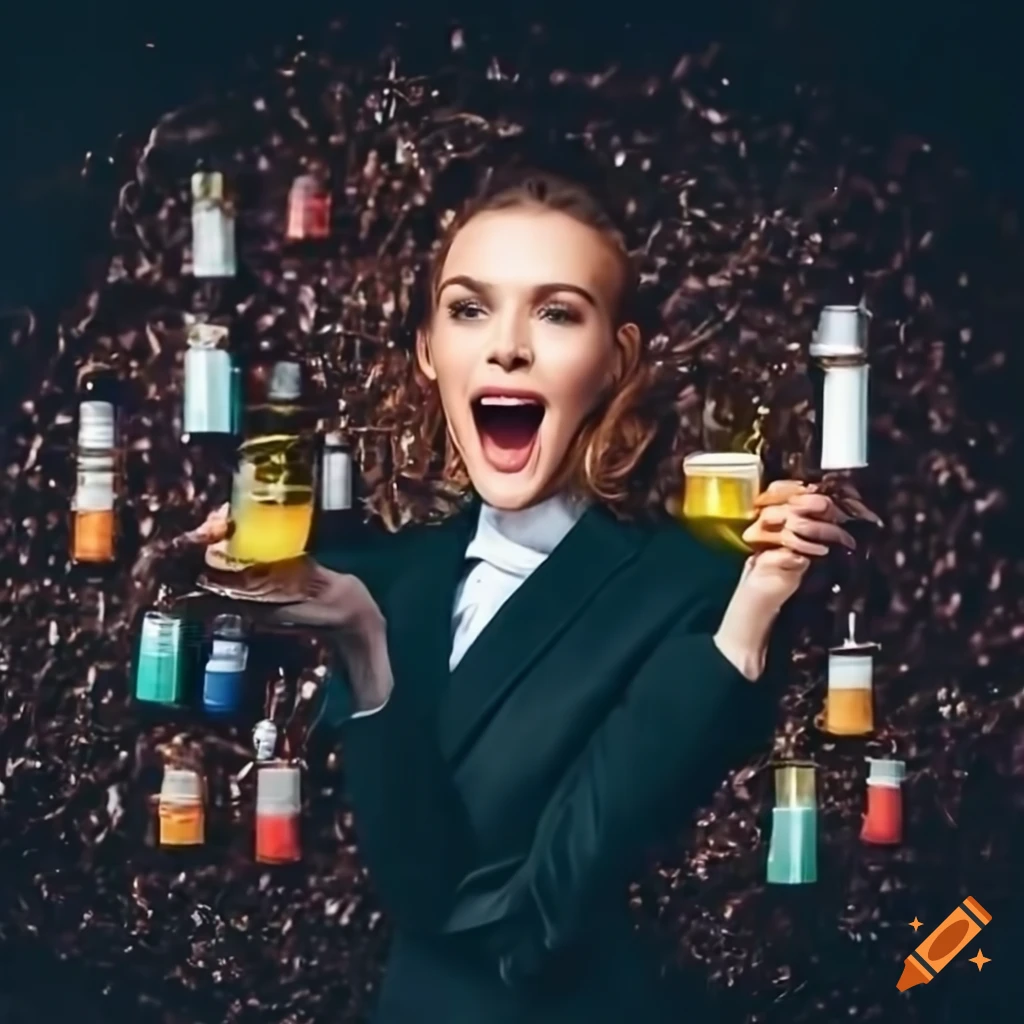 Successful businesswoman surrounded by vials of liquids