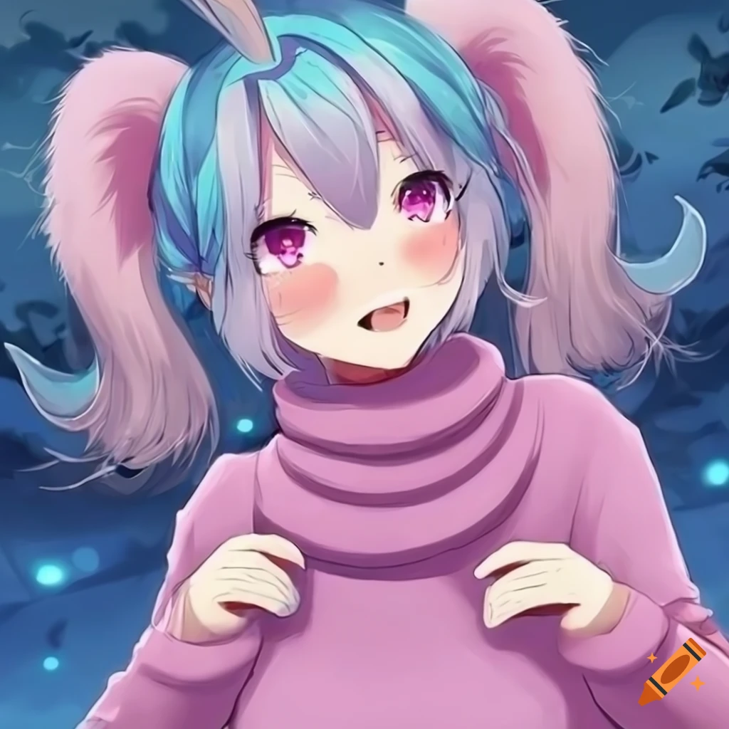 Cute anime furry goat girl with pink eyes and blue horns