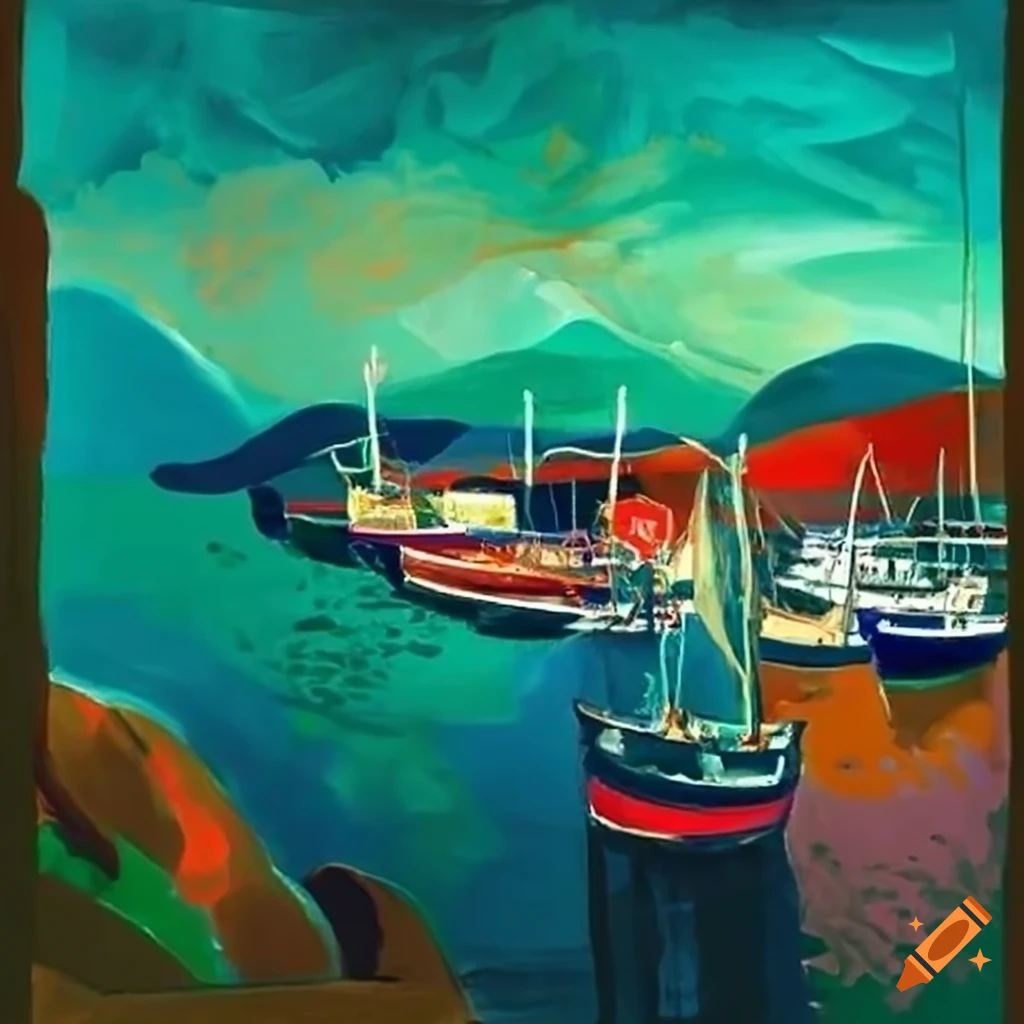 Quaint Scottish fishing port in the vibrant style of Henri Matisse