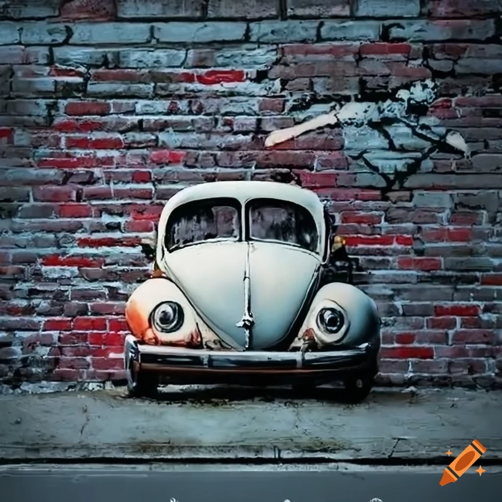 Volkswagen Beetle in Banksy-inspired graffiti art style against white brick wall
