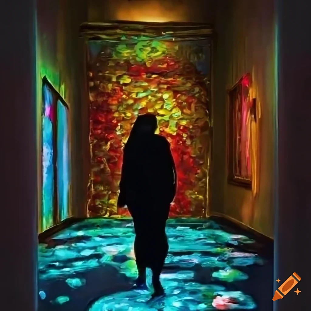 Art exhibition with water projection and artificial tortoise