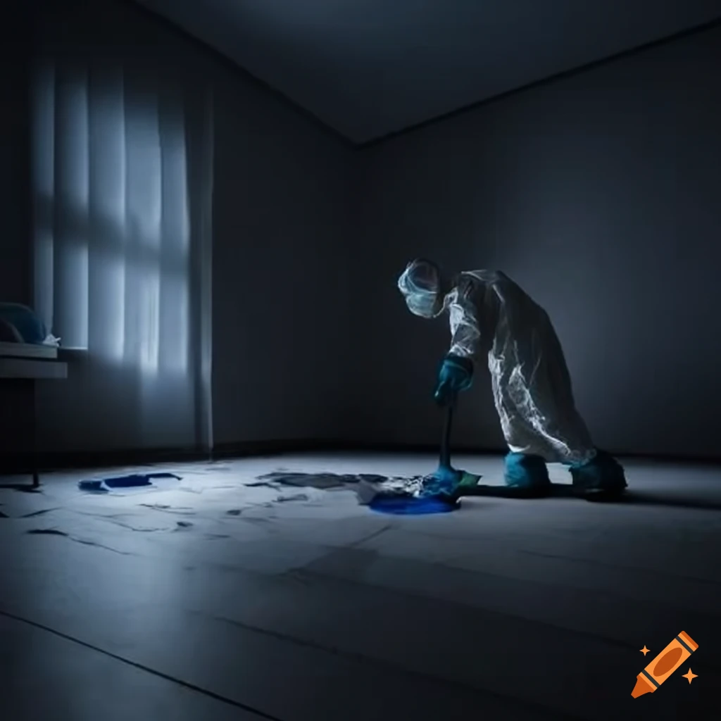 Forensic specialists marking evidence in a dimly-lit crime scene