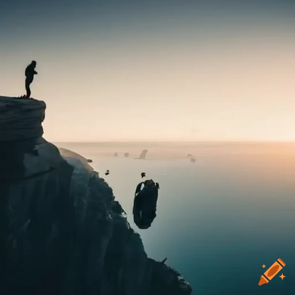 Person on cliff and car falling into water below