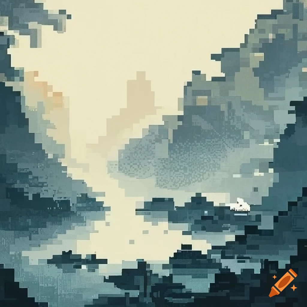 Pixel art with dithering in a traditional Chinese ink painting style