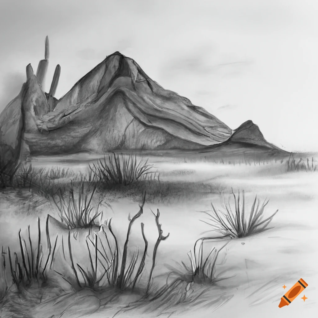 Black and white pencil drawing of a desert habitat