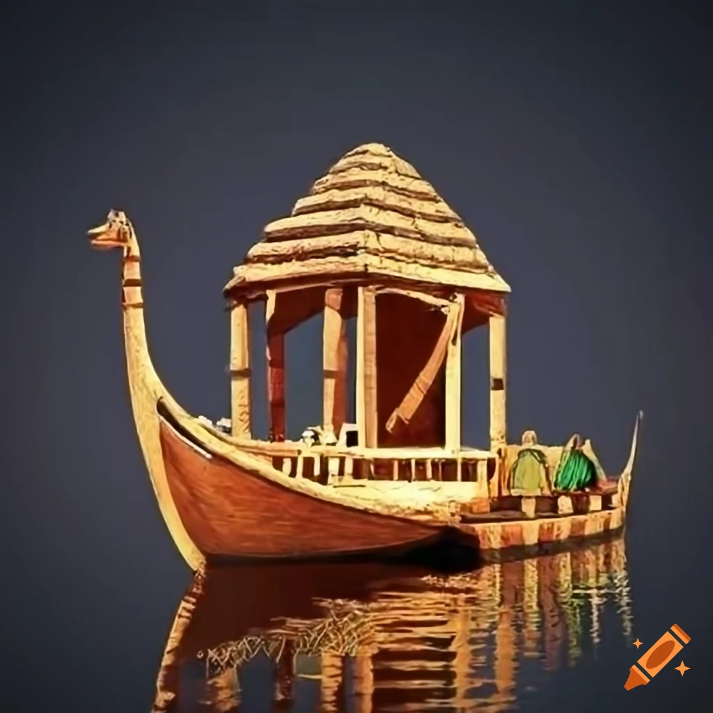 Ancient Egypt Khufus boat playhouse on the Nile with wildlife in the water