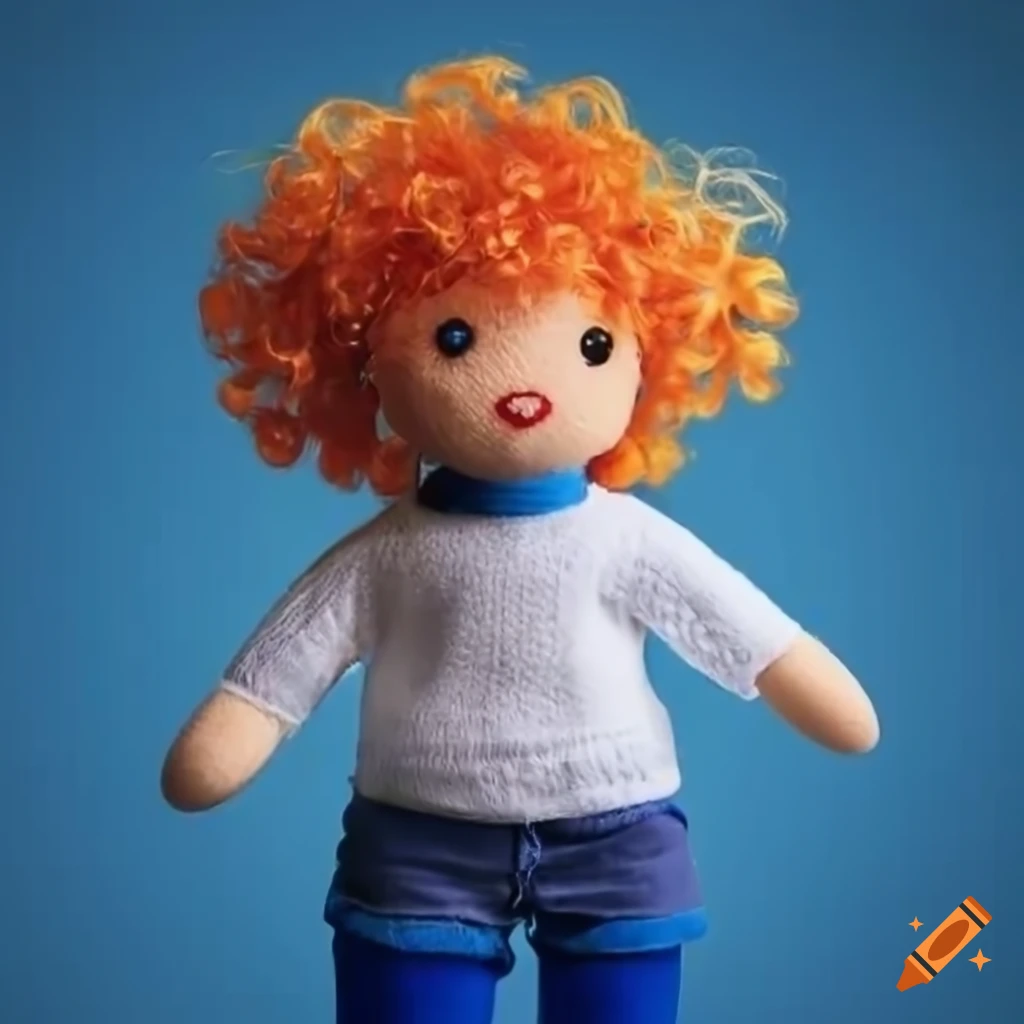Plush toy angel with bright orange hair and yellow eyes in a white sweater