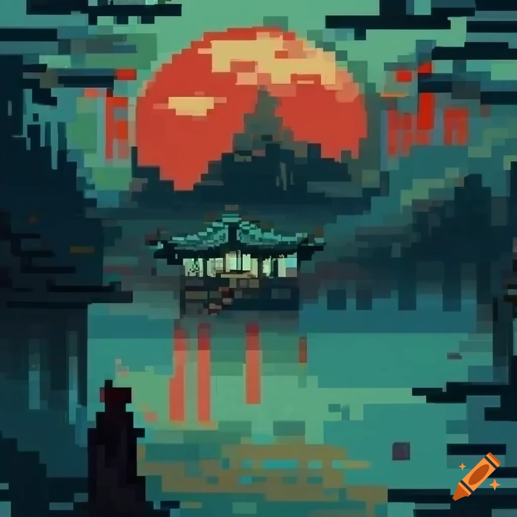 Pixel art with dithering in a traditional Chinese ink painting style