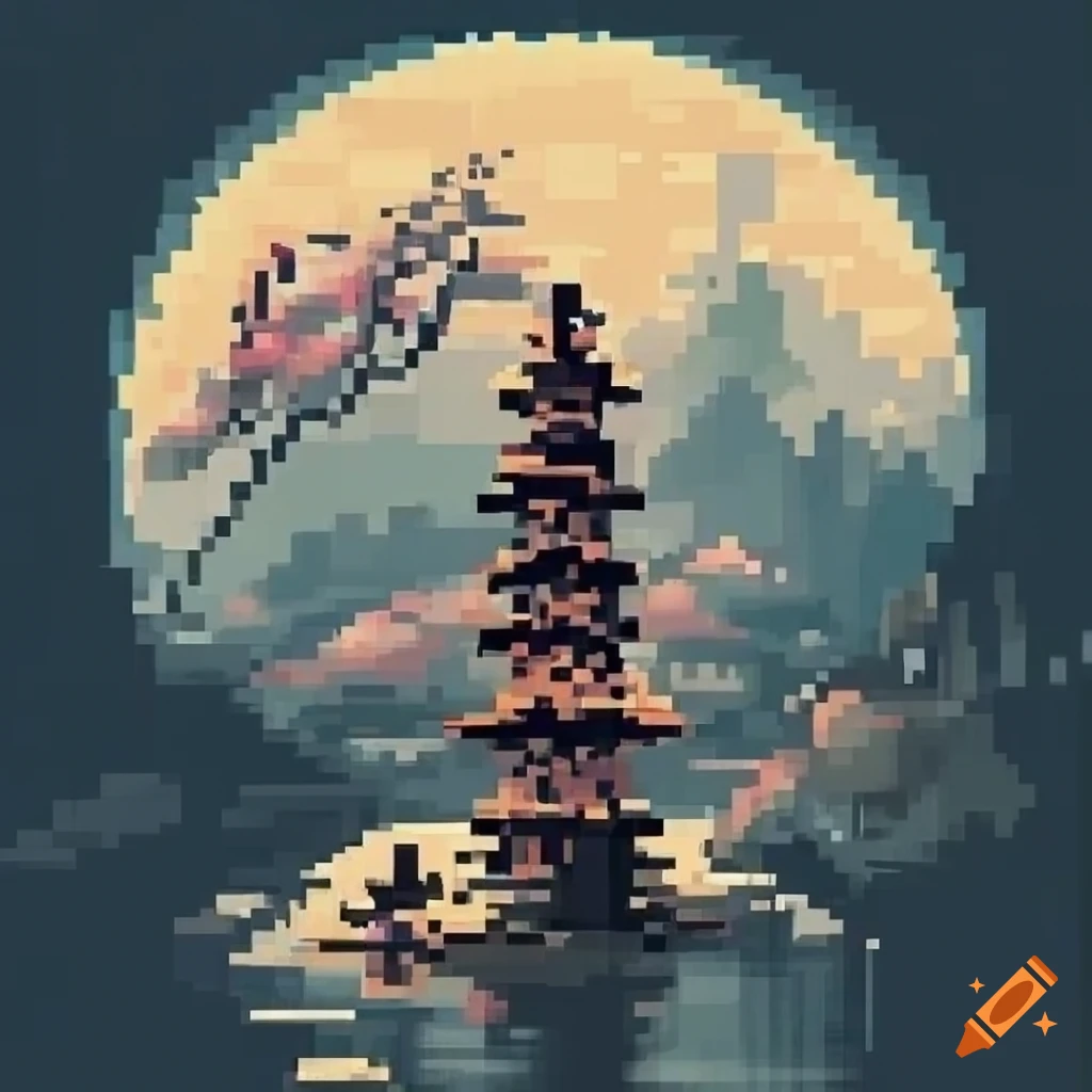 Pixel art with dithering in Traditional Chinese ink painting style