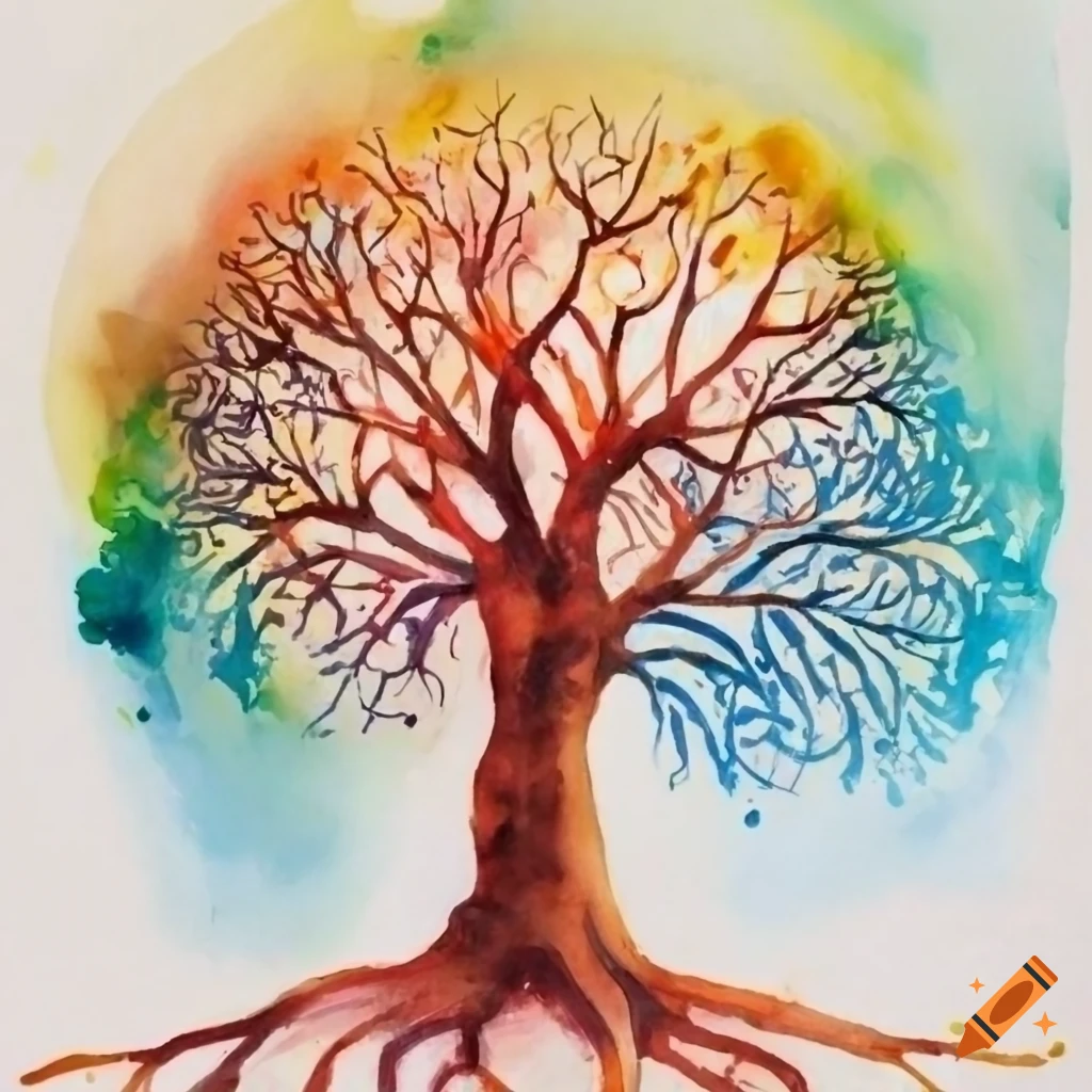 Watercolor painting of the Tree of Life on a white background for a wedding invitation
