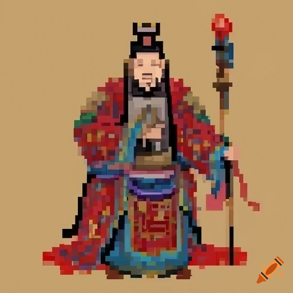 Pixel art depiction of the Jade Emperor in traditional Chinese ink style