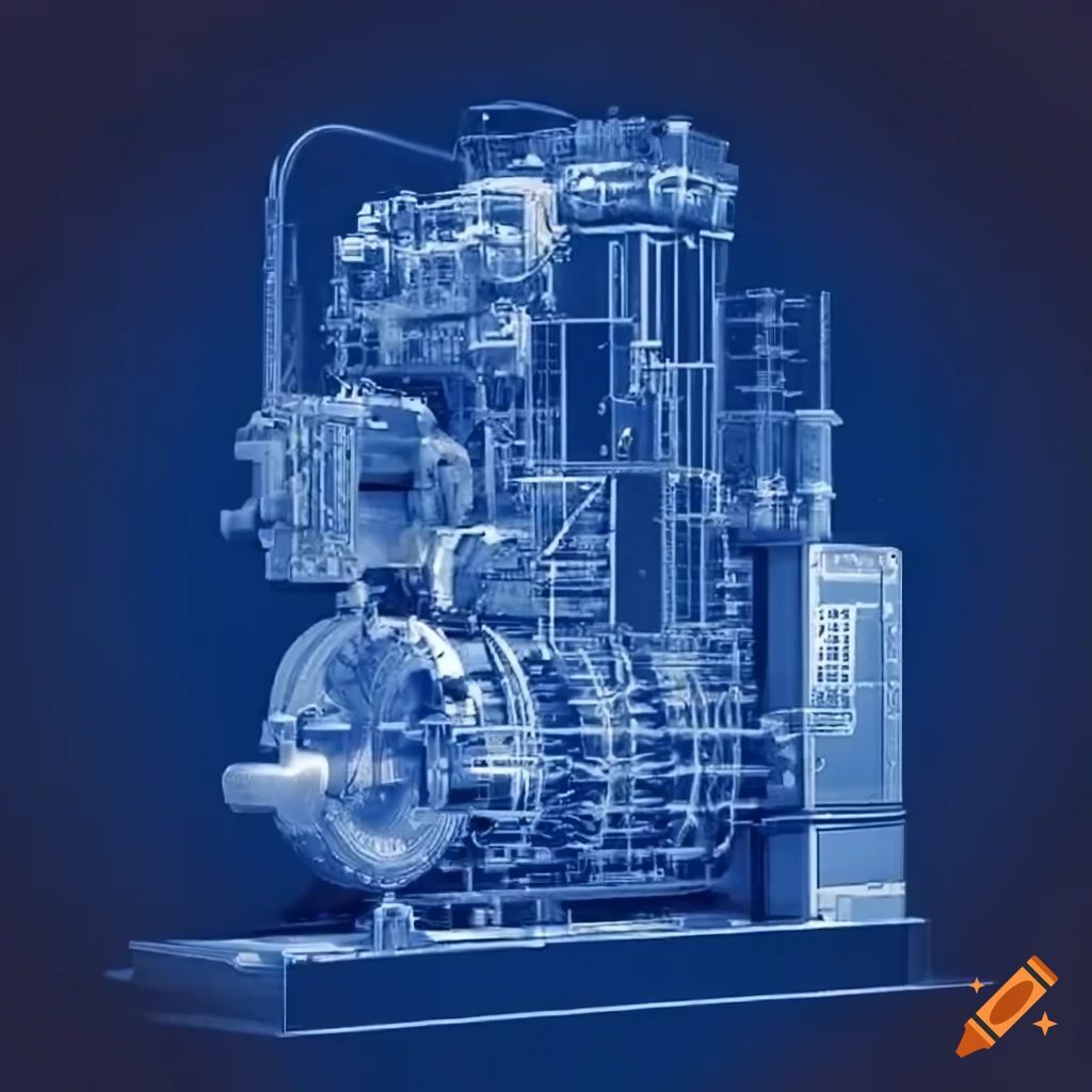 Blueprint schematics of a large reciprocating compressor