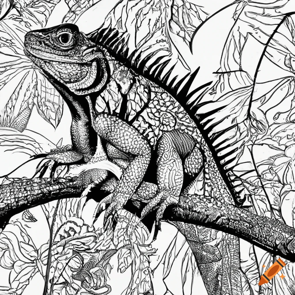 Iguana coloring page in a rainforest for adults