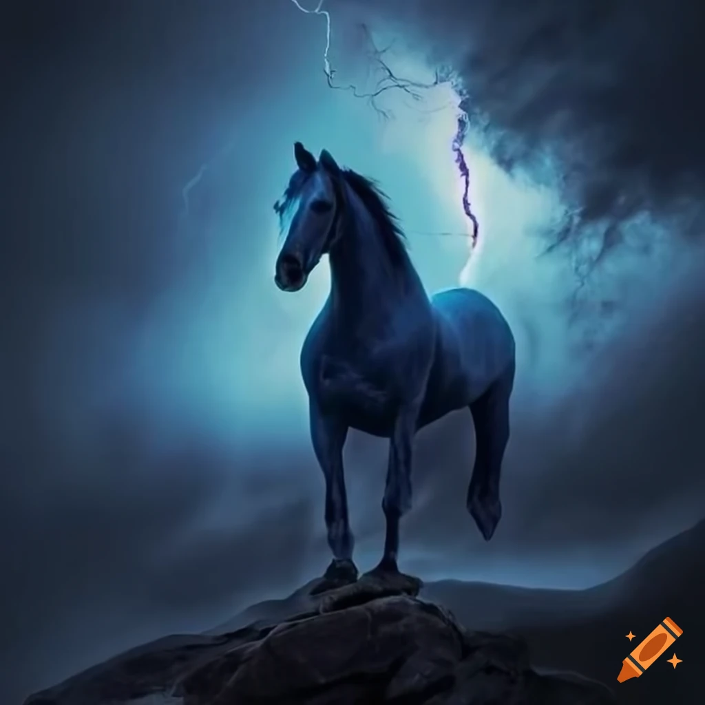 Sinister being on horse puffing a mystical blue cigar during a thunderstorm