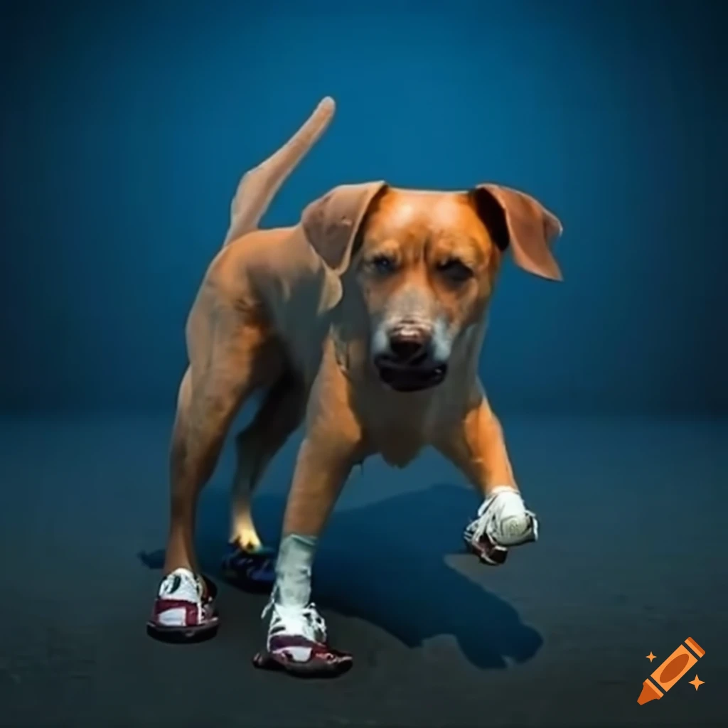 Dog wearing human shoes on a school track on Craiyon