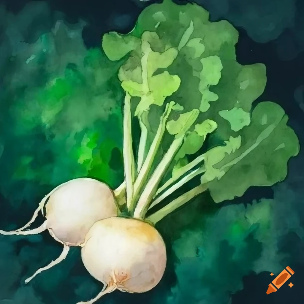 Juicy white hakurei turnips with lush greens in a watercolor painting