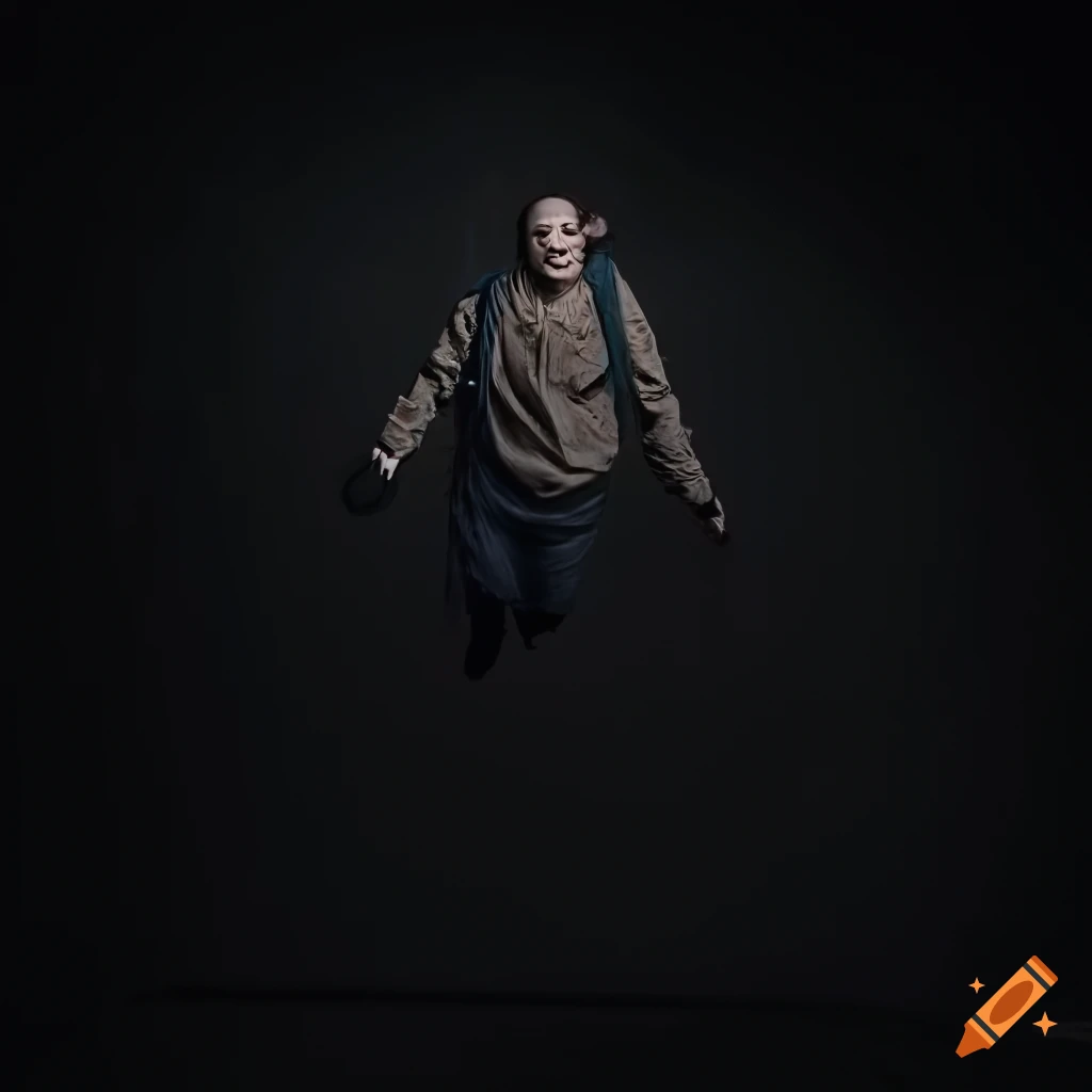 Scary character jumping towards the viewer in a dreamlike landscape