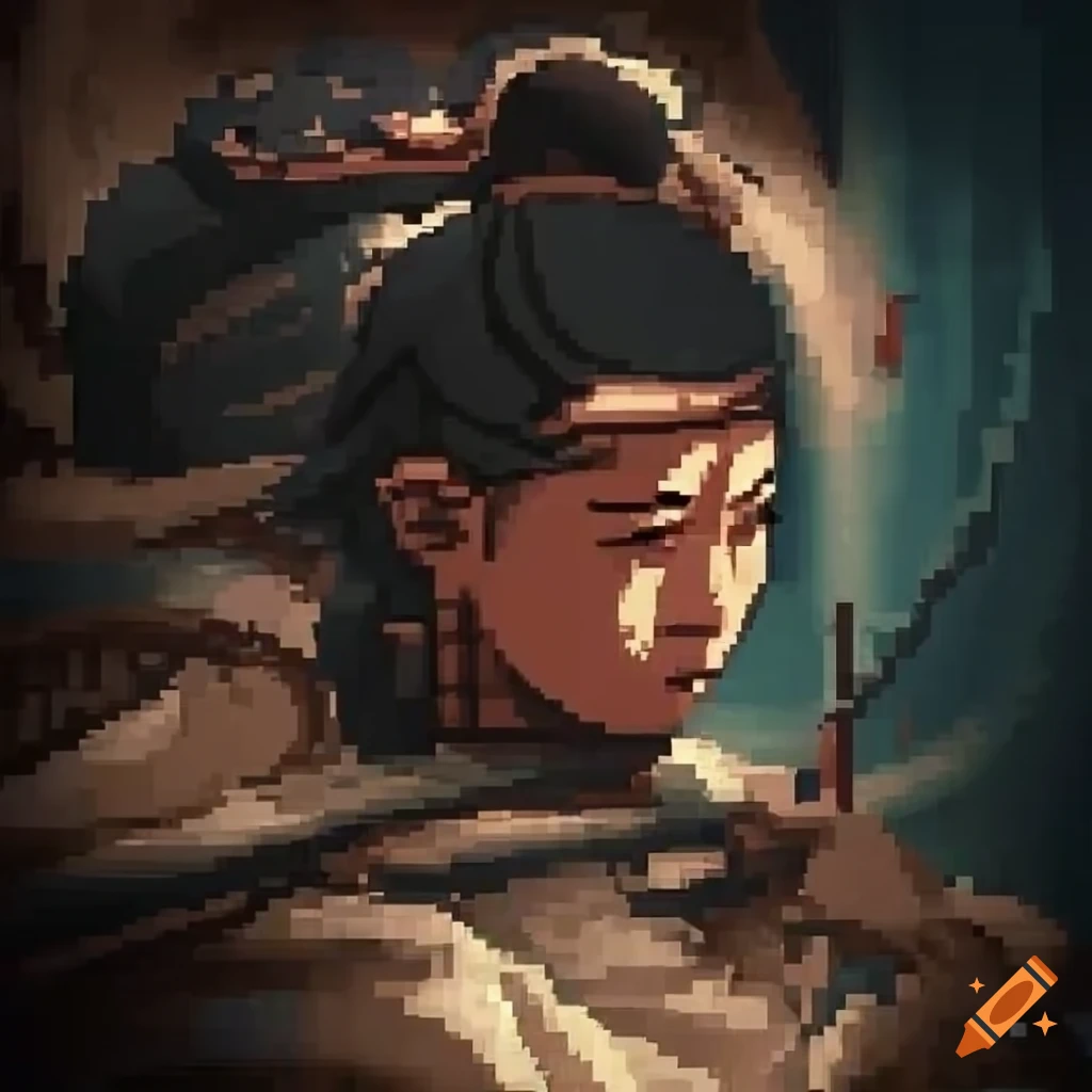 Pixel art of a traditional Chinese ink painting with dithering