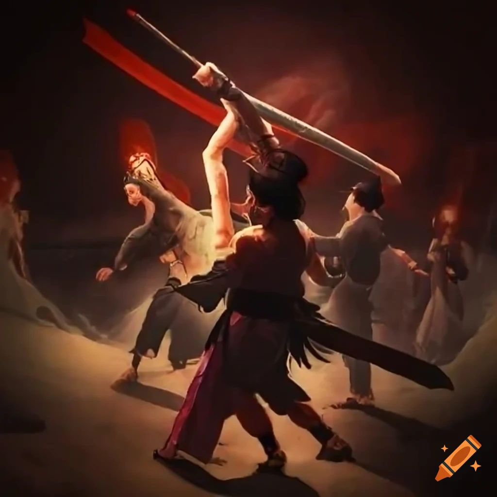 Samurai battle with representative team colors in an arena