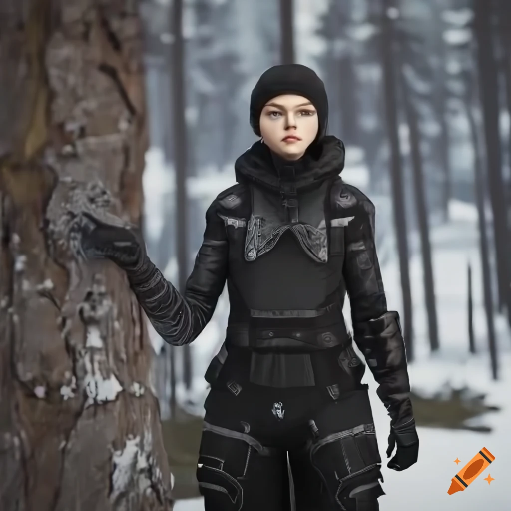Thomasin McKenzie portrait in a sci-fi winter outfit in a snowy taiga forest
