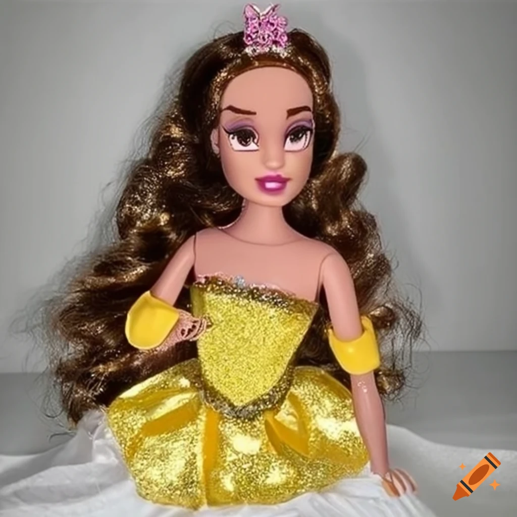 Princess Belle baddie doll in glittery yellow dress with perfect brown hair