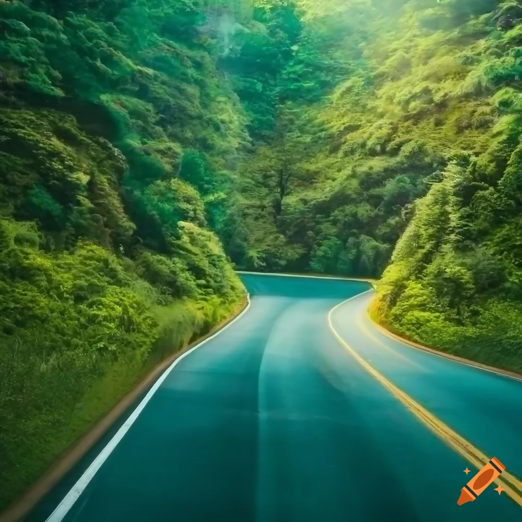 Scenic route with lush greenery and twists on Craiyon
