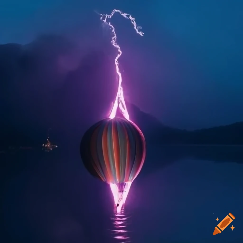 Vibrant lightning hot air balloon floating gracefully at night with a lake backdrop