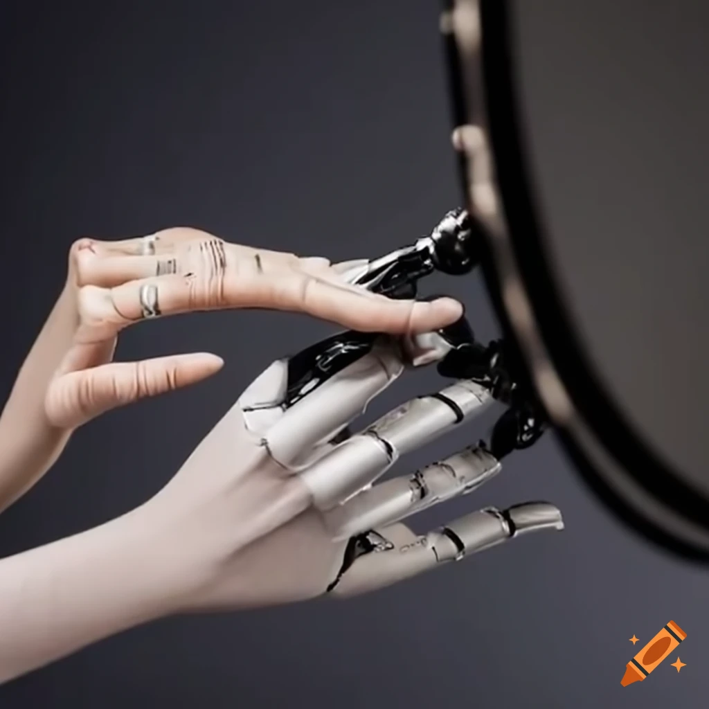 Human hand touching a robot hand through a mirror