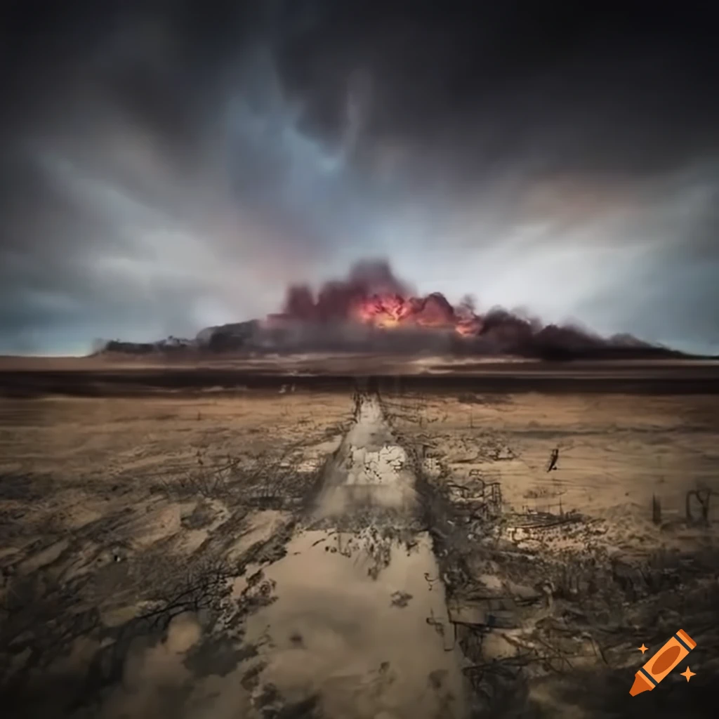 Apocalyptic landscape with traces of nuclear explosions and dramatic lighting
