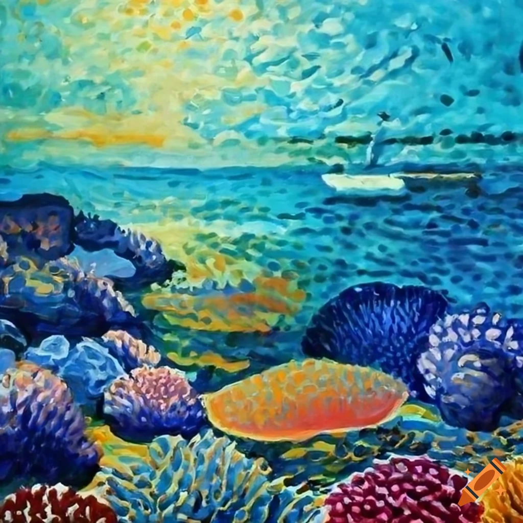 Shallow coral reef at low tide in henriedmond cross style on Craiyon