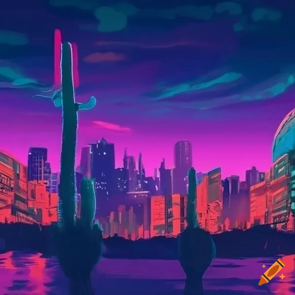 Future cityscape with neon colors and cactus at night