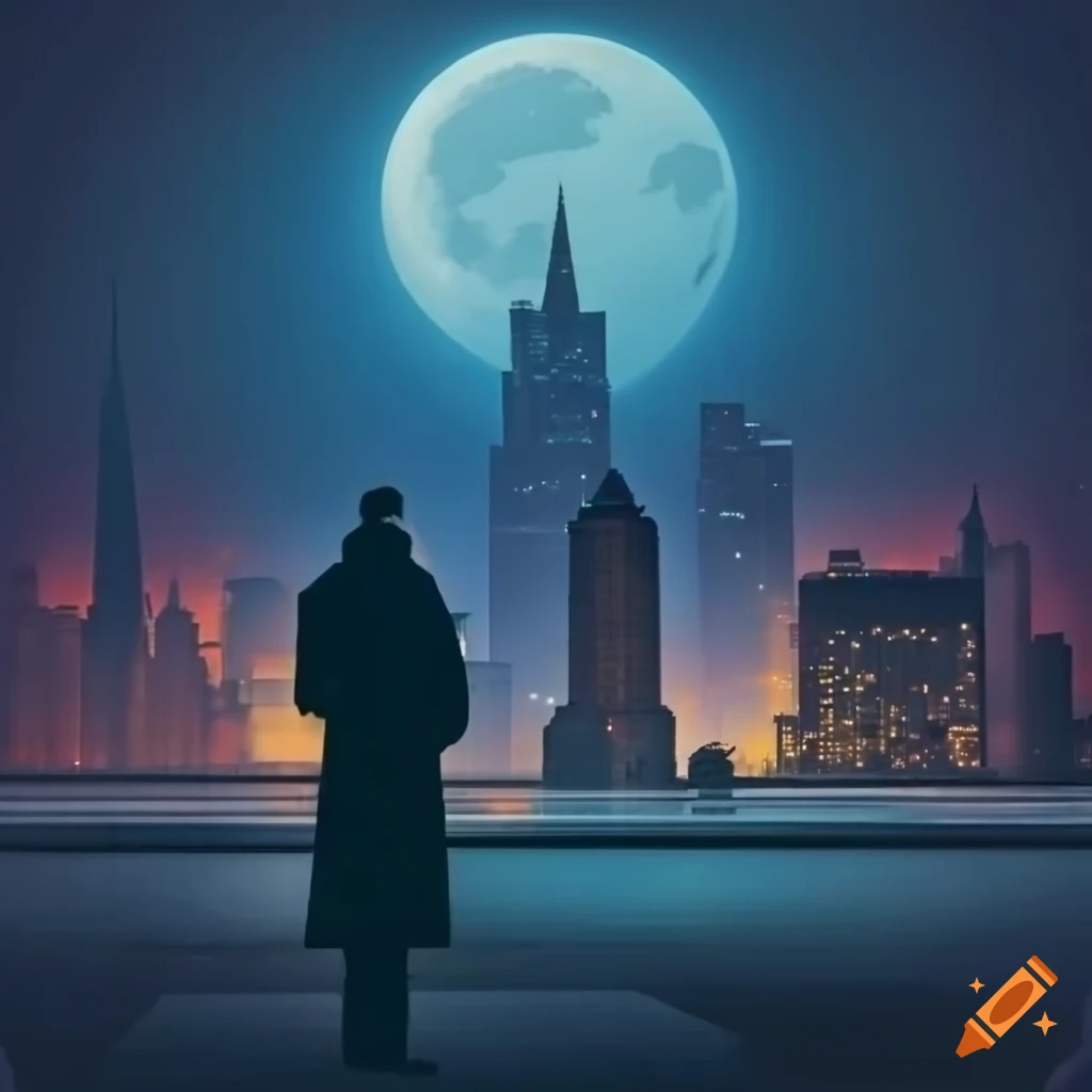 City skyline at night with a solitary man wandering the moonlit streets