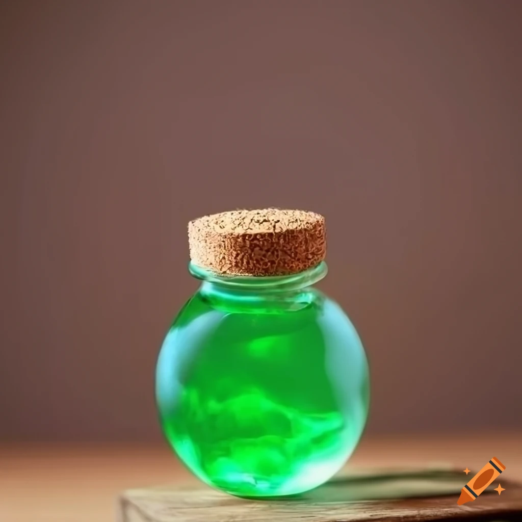 Glowing green liquid in a round vial with cork on wooden stand