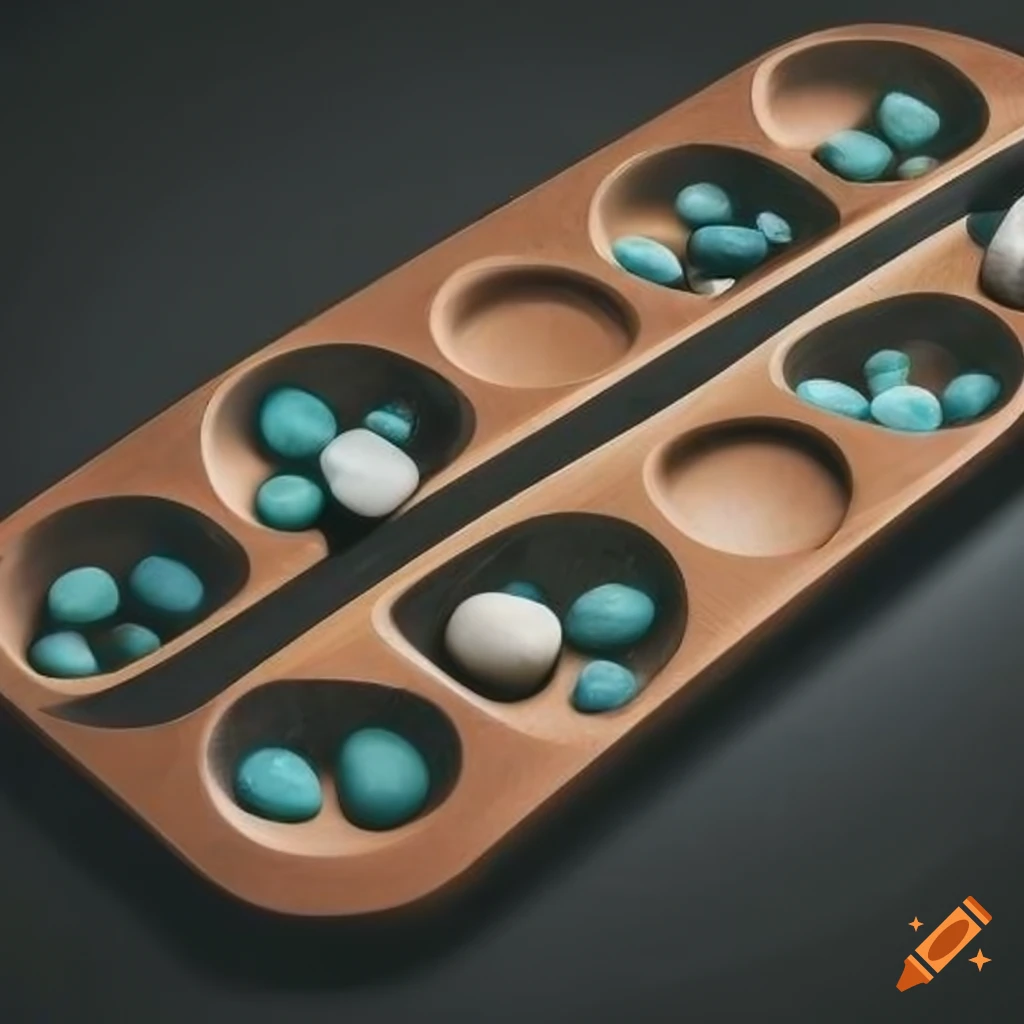 Mancala board with varying numbers of stones in holes on Craiyon