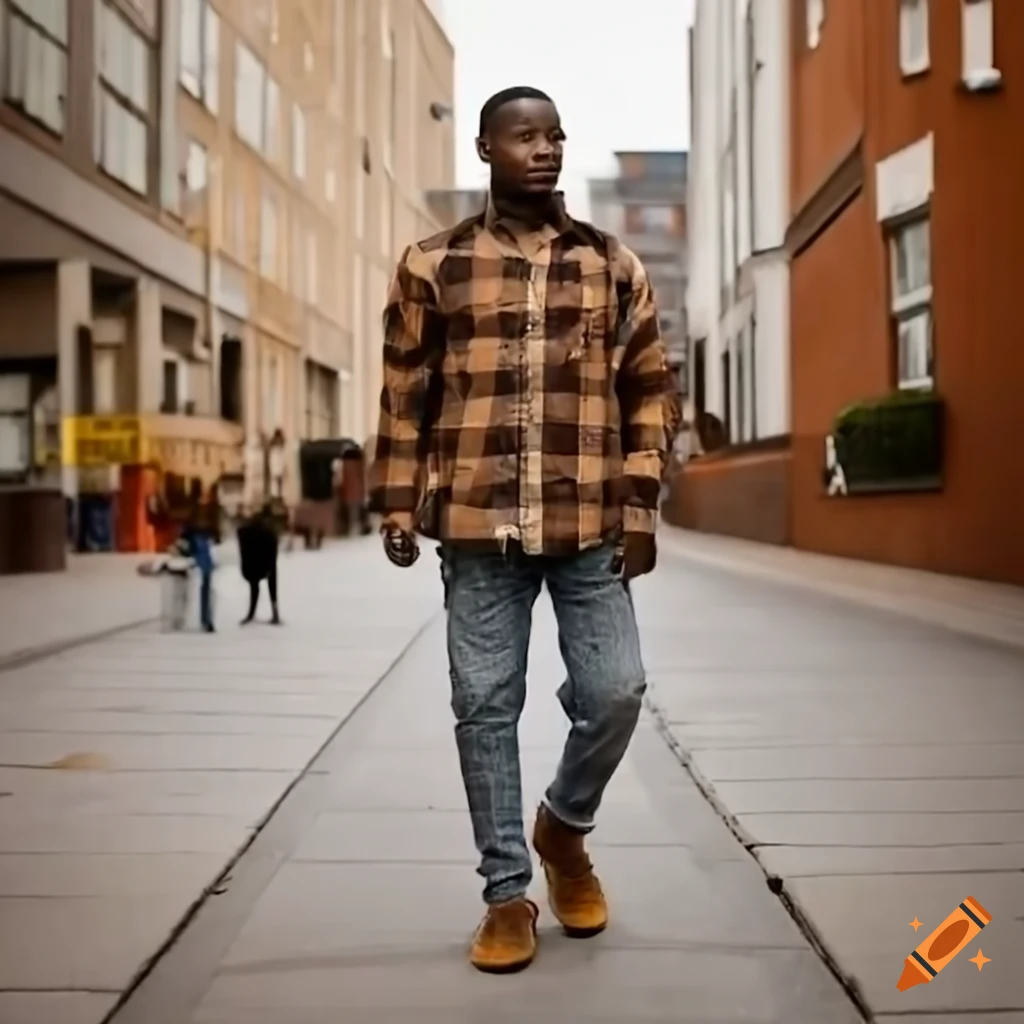 Young black man in casual outfit walking away from hometown