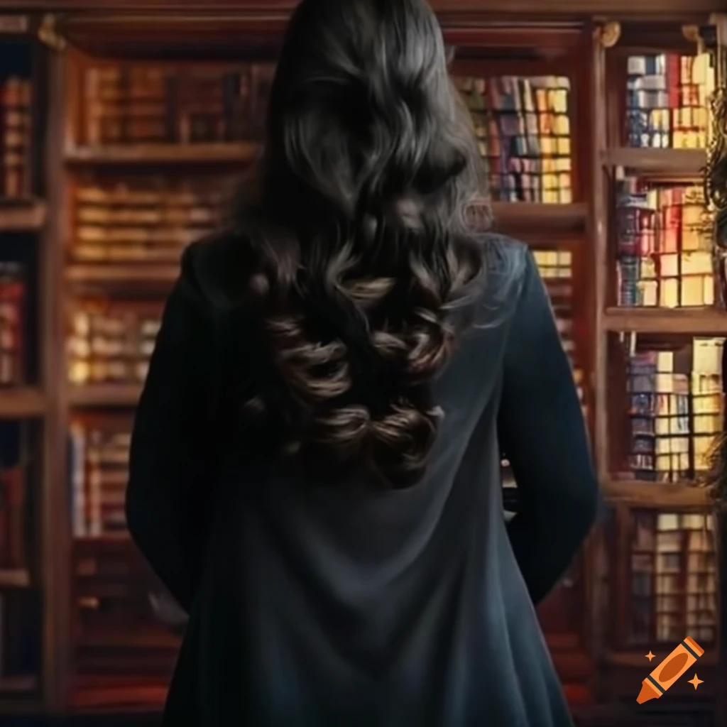 Man with long black wavy hair in a magical library