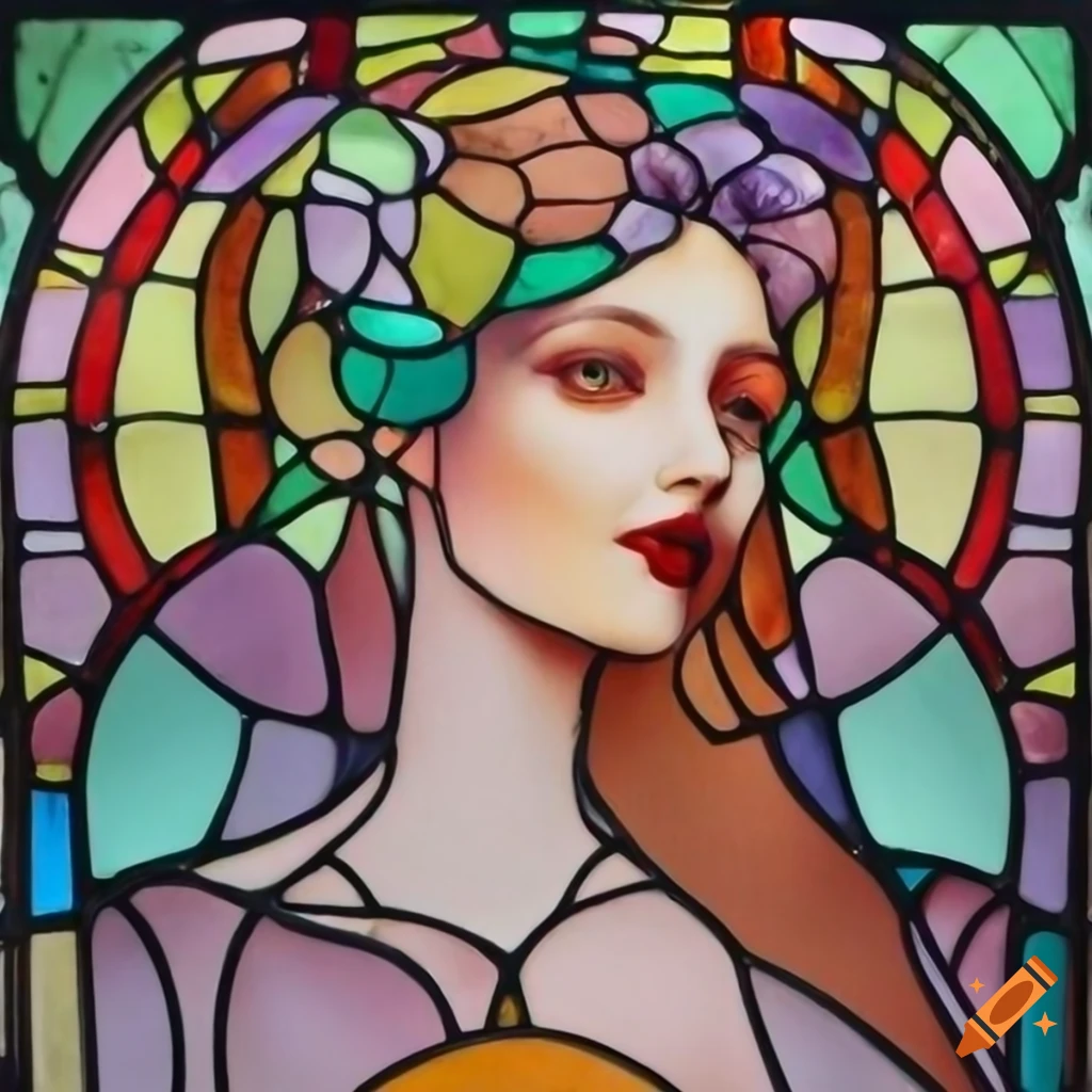 Art Nouveau stained glass window featuring a woman