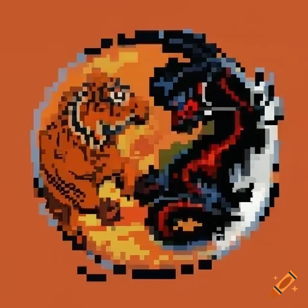 Pixel art of Tigers and Dragons symbol in Traditional Chinese ink painting style