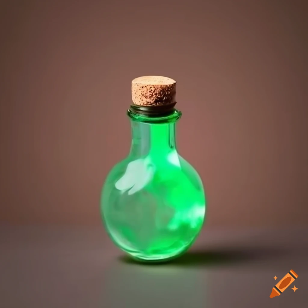 Glowing green liquid in a round vial on a wooden stand