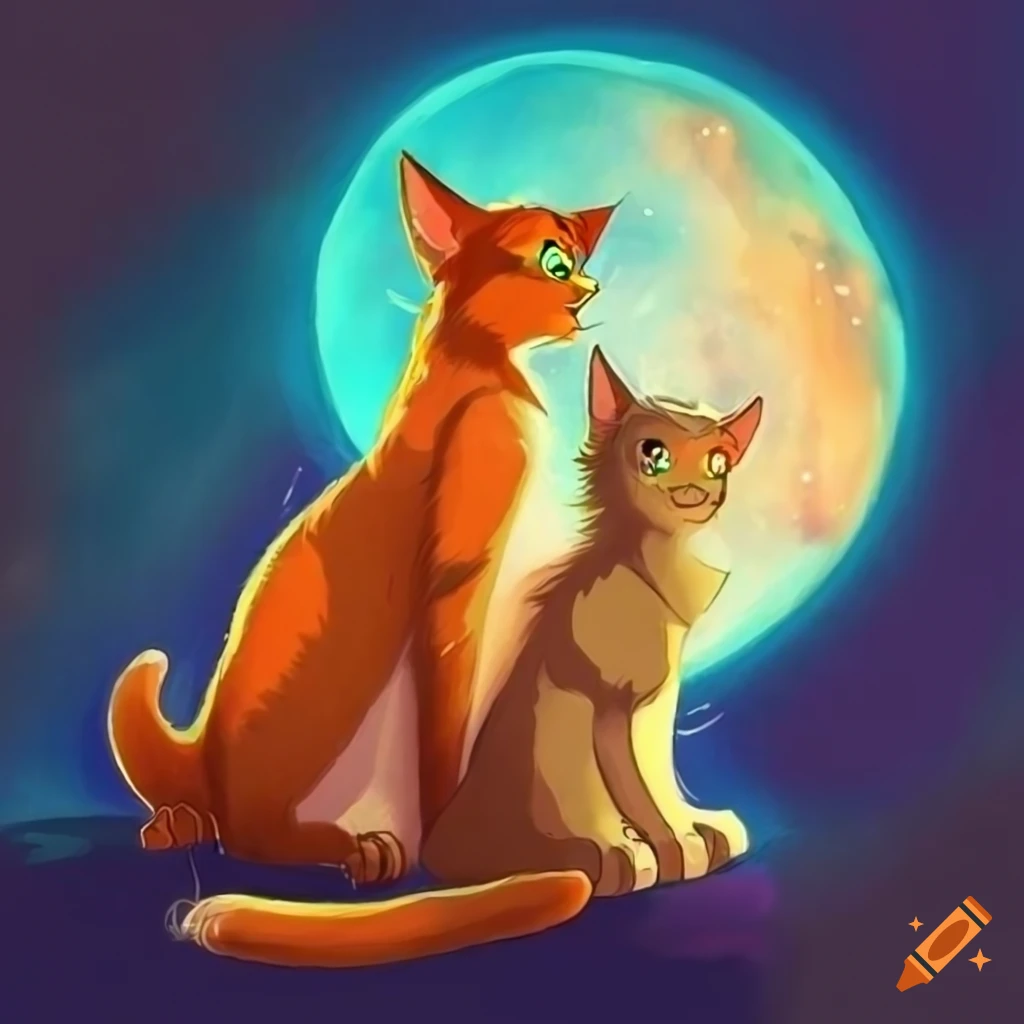 Beloved warrior cats firestar and squirrelkit under the night sky on