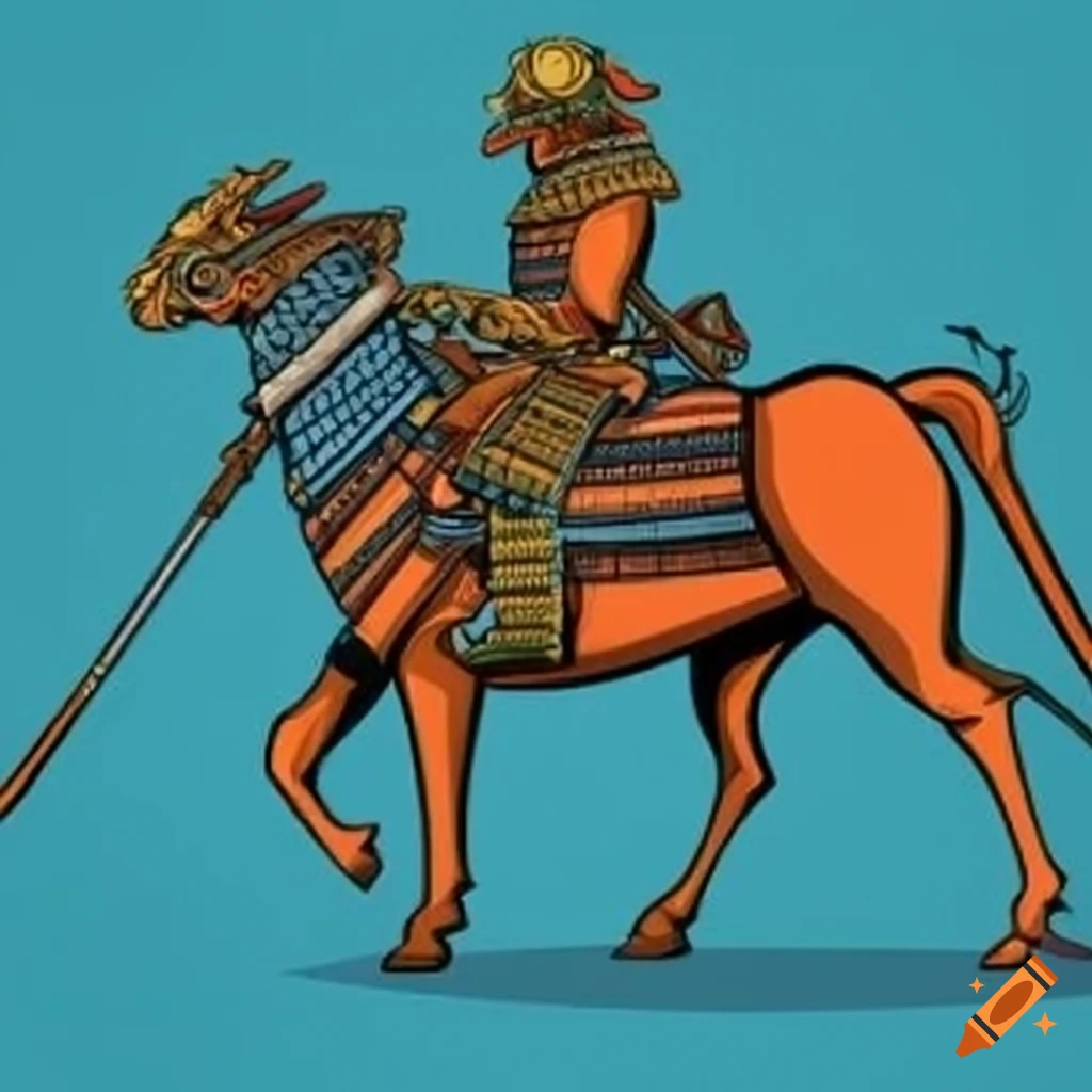 Samurai on horse leading army in war with blue, yellow, and orange colors