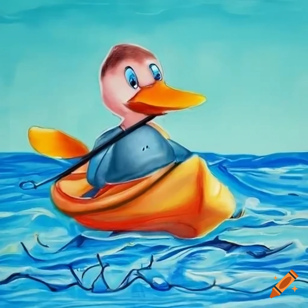 Cartoon duck kayaking down a river in a colorful drawing on Craiyon