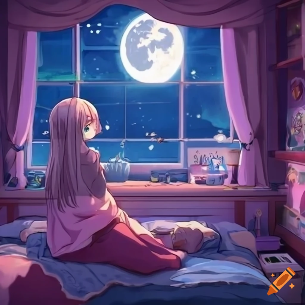 Anime girl in a cozy moon-themed lofi bedroom
