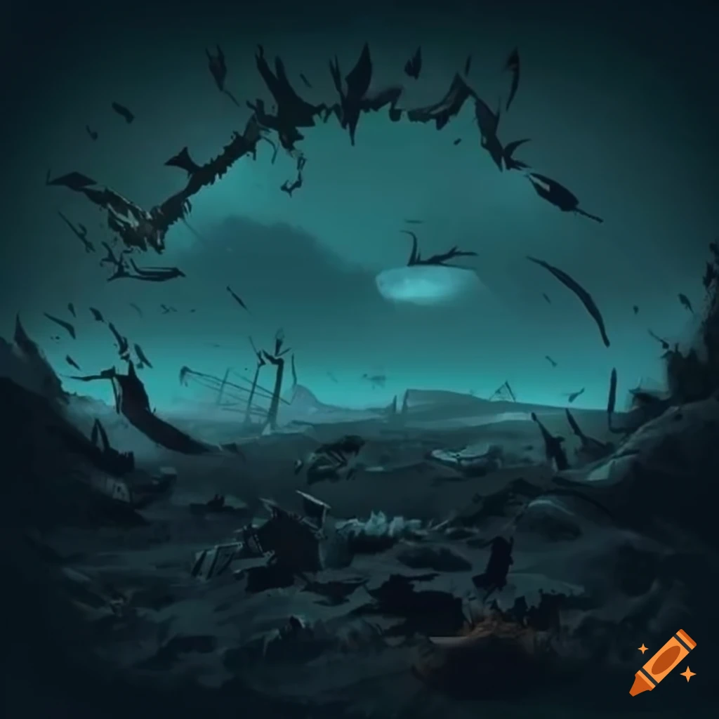 Battlefield with broken standards, ravens, and swords on the ground
