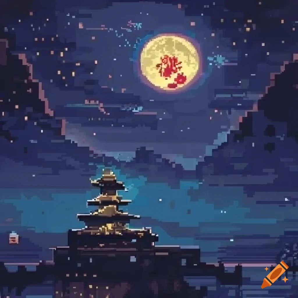 Pixel art with Chinese elements depicting the Silk Road under the moon and stars
