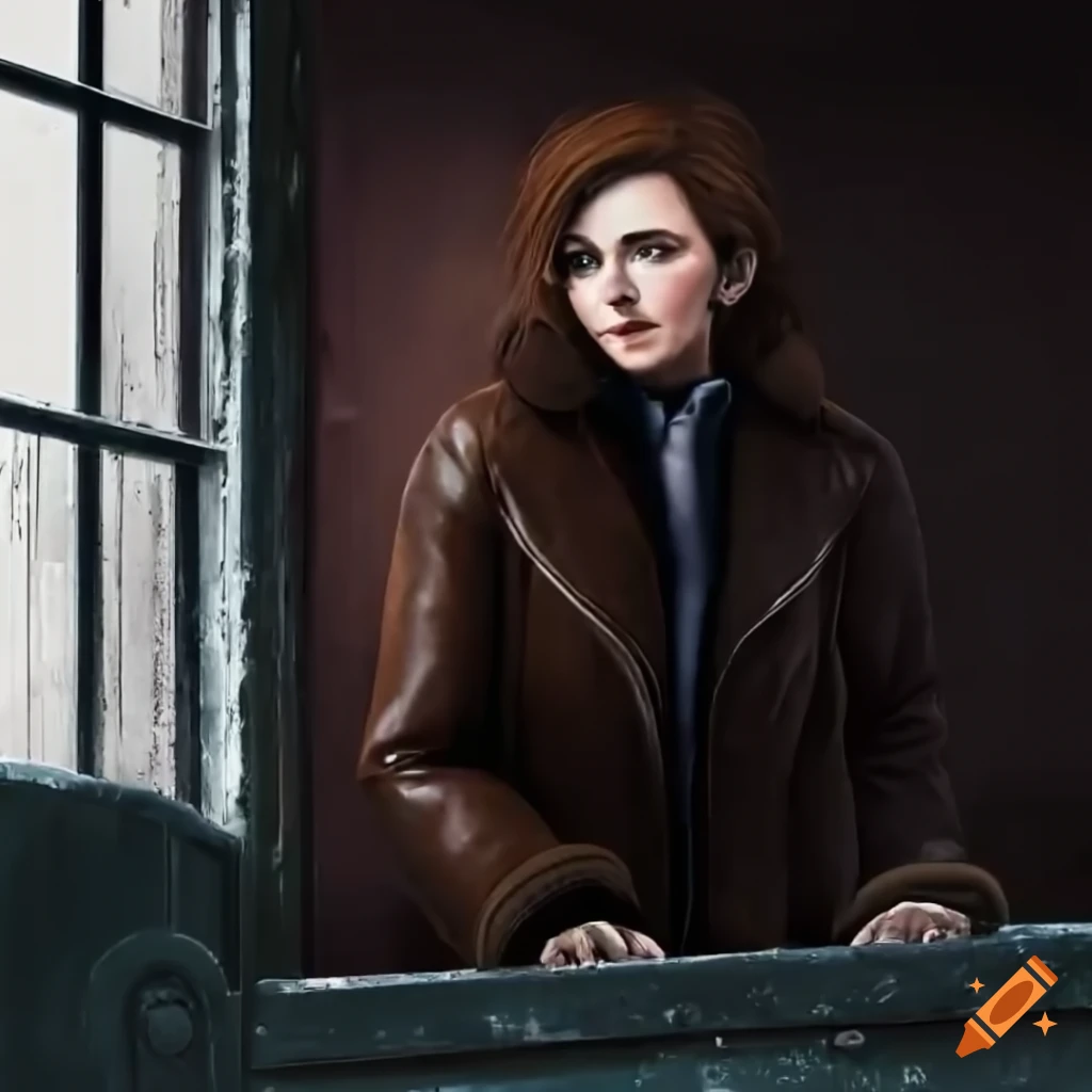 Fashionable woman in a brown sheepskin bomber jacket and black leather trousers peeking through a derelict building